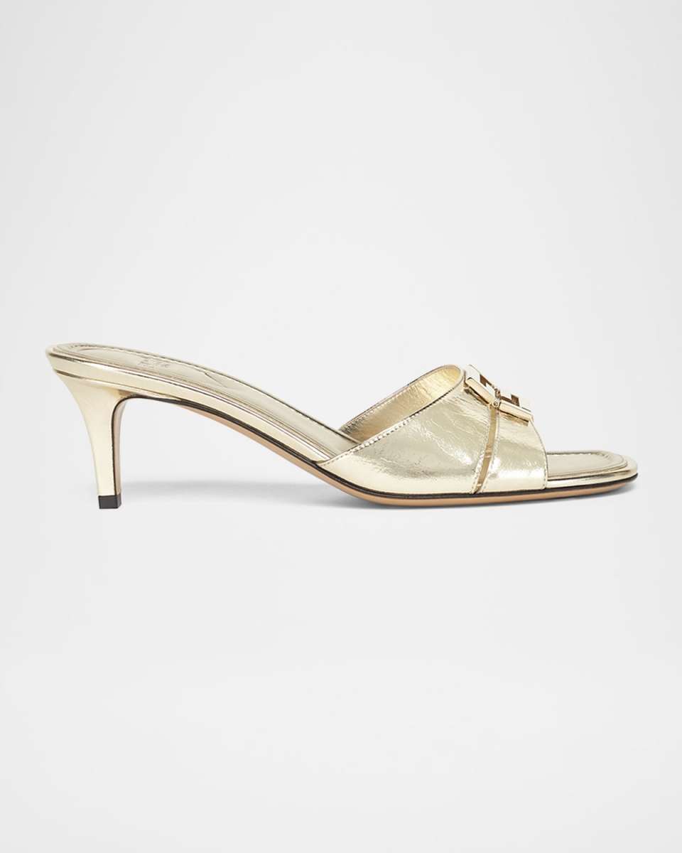 Fold Metallic Leather Kitten-Heel Sandals